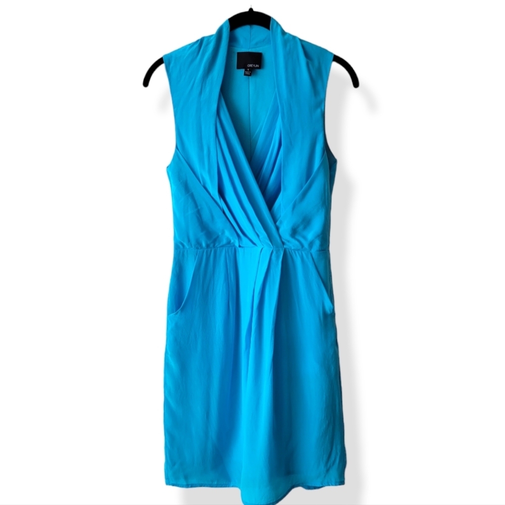 Greylin Camila Silk Crepe Sleeveless Blue Dress Size S